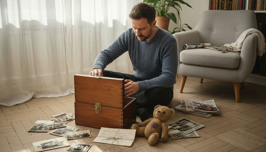 Ein Mann sitzt im Wohnzimmer auf dem Boden und öffnet eine Kiste voller Erinnerungen.