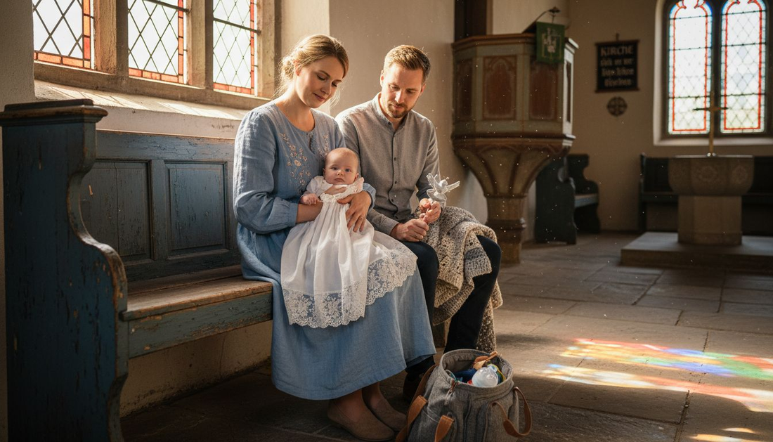 Eine Familie feiert die Taufe ihres Babys in der Kirche und überreicht dabei ein Geschenk.
