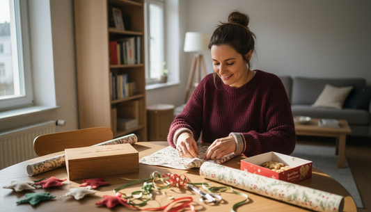 Eine Frau stellt liebevoll individuelle Weihnachtsgeschenke zu Hause her.