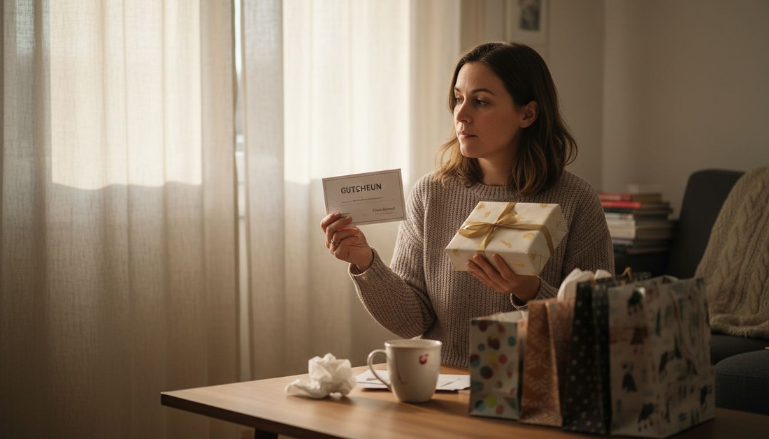 Eine Frau sitzt im Wohnzimmer und überlegt, ob ein Gutschein oder ein klassisches Geschenk die bessere Wahl ist.