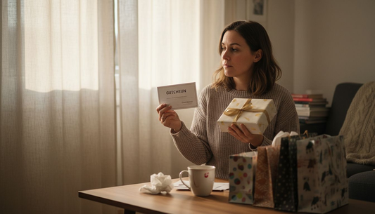 Eine Frau sitzt im Wohnzimmer und überlegt, ob ein Gutschein oder ein klassisches Geschenk die bessere Wahl ist.