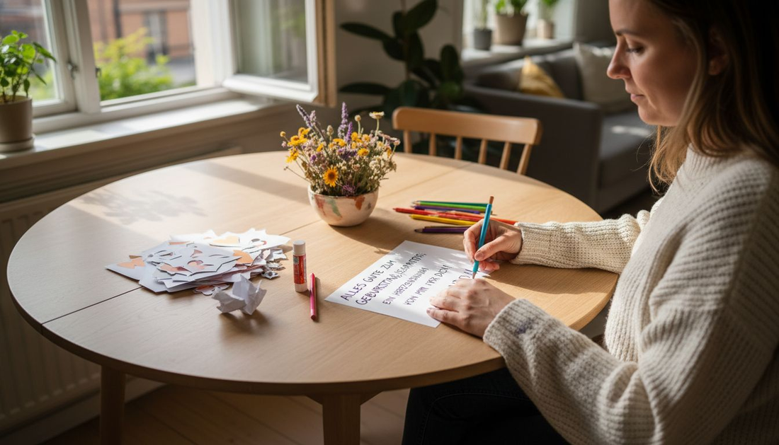 Eine Frau sitzt am Tisch und bastelt einen Gutschein zum Geburtstag.
