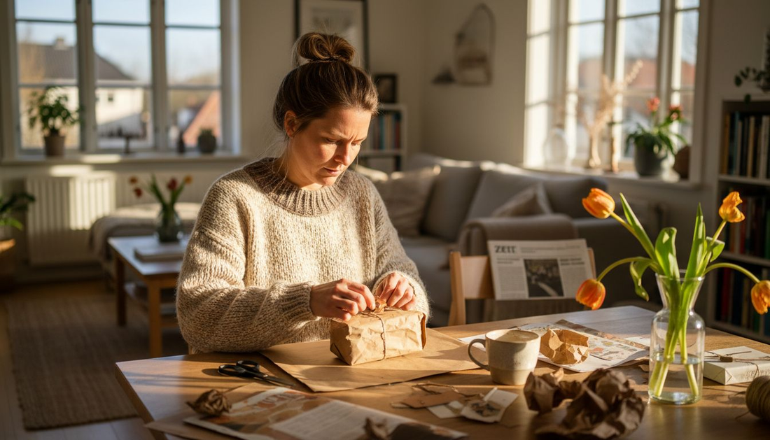 Eine Frau verpackt zu Hause mit viel Liebe ein Geschenk und denkt dabei ganz besonders an die Person, der sie damit eine Freude machen möchte.