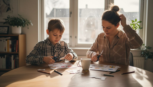 Gemeinsam am Küchentisch gestalten die Familienmitglieder kreative Gutscheine.