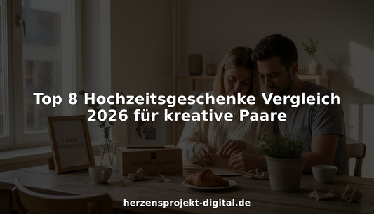Ein frisch verheiratetes Paar packt am Tisch mit viel Neugierde und Freude ausgefallene Hochzeitsgeschenke aus.