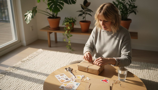 Im Wohnzimmer bereitet eine Frau liebevoll ein persönliches Geburtstagsgeschenk vor und verpackt es mit viel Sorgfalt.