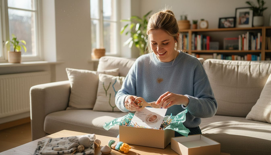 Eine Mutter öffnet eine liebevoll personalisierte Geschenkbox zur Geburt ihres Babys.