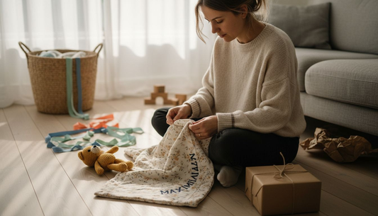 Zu Hause verpackt die Mutter mit viel Liebe ein personalisiertes Geschenk für ihr Baby.