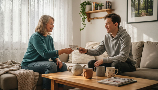 Eine Frau überrascht ein Familienmitglied mit einem Geschenkgutschein.