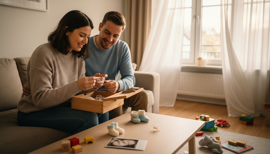 Im Wohnzimmer lassen die Eltern gemeinsam alte Erinnerungen in ihrer Schatzkiste aufleben.