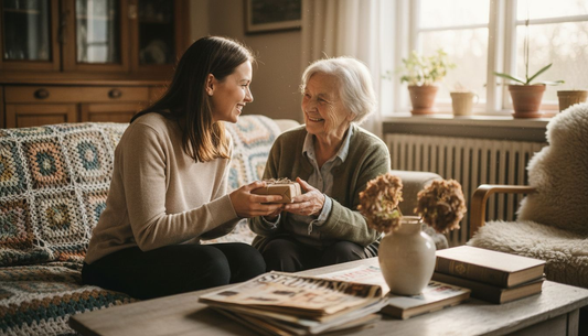 Eine Frau überreicht ihrer Großmutter im Wohnzimmer ein Geschenk.