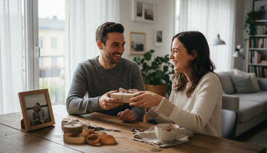 Ein Paar überrascht sich zu Hause mit liebevoll ausgewählten Geschenken zum Hochzeitstag.