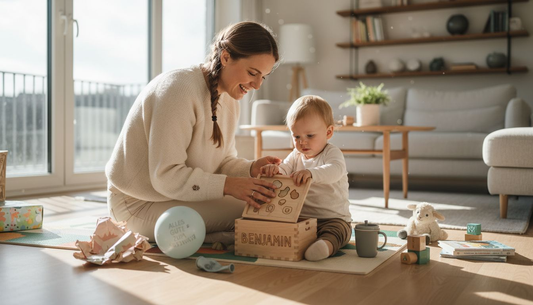 Eine Mutter freut sich gemeinsam mit ihrem Baby über ein liebevoll personalisiertes Geburtstagsgeschenk.