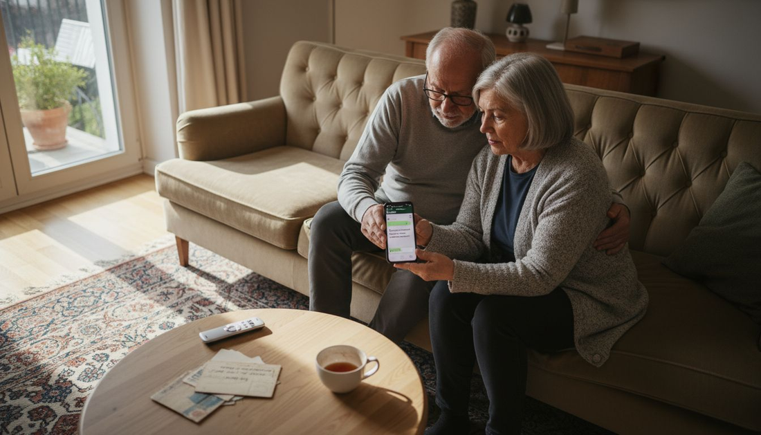 Ein Paar sitzt gemütlich im Wohnzimmer und verschickt eine Einladung per WhatsApp.