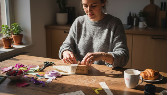 Eine Frau verpackt ein persönliches Geschenk aus graviertem Holz.