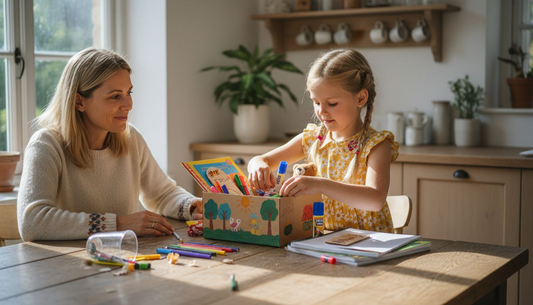 Ein Kind stellt seine ganz persönliche Geschenkbox für die Schule zusammen.