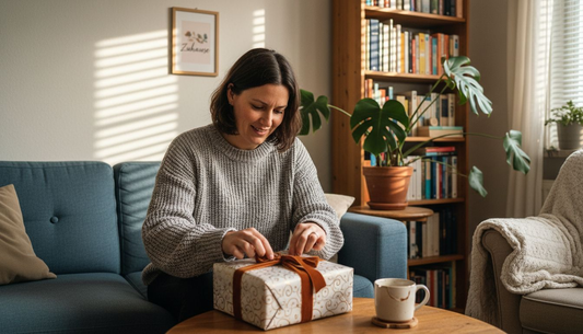 Eine Person verpackt einen individuell gestalteten Bilderrahmen zum Hochzeitstag.