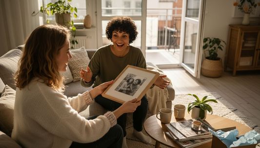 Im Wohnzimmer überrascht die Freundin ihren Partner mit einem Geschenk.
