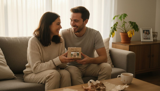 Ein Paar sitzt gemeinsam auf dem Sofa und überreicht sich ein ganz persönliches Geschenk.