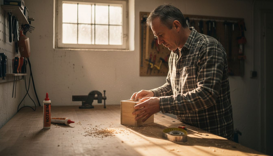 Ein Hobby-Handwerker fertigt auf seiner Werkbank eine Holzbox an.