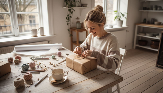 Eine Frau sitzt am Tisch und verpackt liebevoll ein personalisiertes Geschenk.