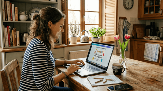 Eine Frau entwirft am Laptop eine digitale Geburtstagskarte.