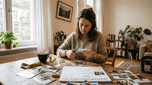 Eine Frau erstellt zu Hause einen Fotokalender ganz nach ihren eigenen Vorstellungen.