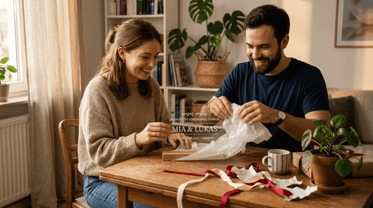 Ein Paar öffnet gemeinsam ein individuell graviertes Geschenk und freut sich über die persönliche Botschaft, die mit Laser eingraviert wurde.