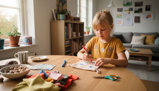 Am Küchentisch entsteht ein kreatives Geldgeschenk: Ein Kind bastelt mit viel Liebe und nachhaltigen Materialien.