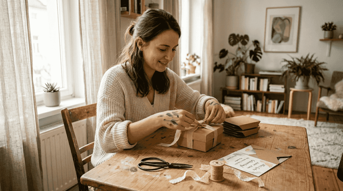 Eine Frau verziert in ihrer Wohnung ein Geschenk zur Hochzeit.
