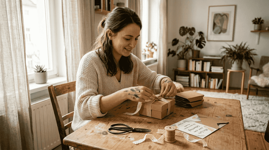 Eine Frau verziert in ihrer Wohnung ein Geschenk zur Hochzeit.