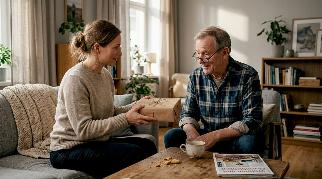 Eine Frau überreicht im Wohnzimmer ein ganz persönliches Geschenk.