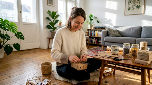 Eine Frau verpackt zu Hause liebevoll nachhaltige Geschenke.
