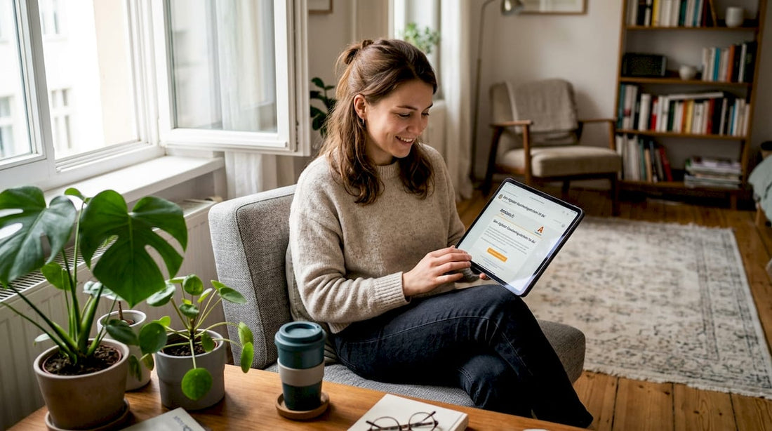 Im Wohnzimmer freut sich eine Frau über einen digitalen Gutschein.