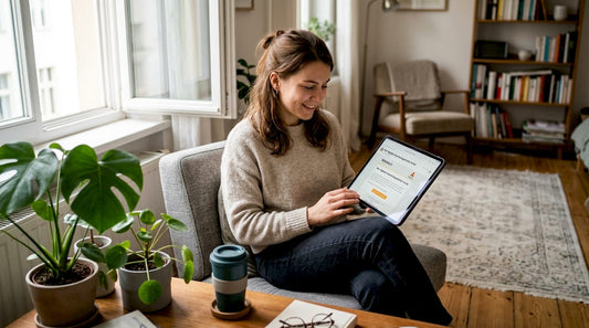 Im Wohnzimmer freut sich eine Frau über einen digitalen Gutschein.