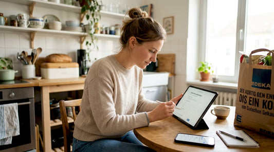 Eine Frau verschickt in ihrer Küche eine digitale Geschenkkarte.