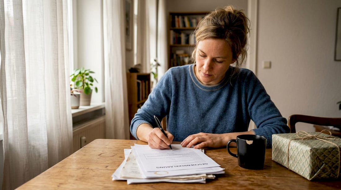 Eine Frau sitzt am Tisch und unterschreibt eine Schenkungserklärung.