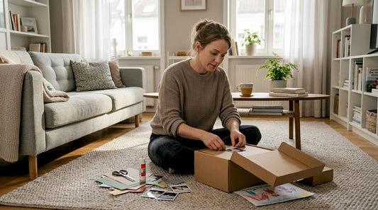 Eine Frau bastelt eine persönliche Erinnerungsbox.