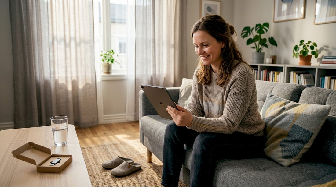 In ihrem hellen Wohnzimmer verschickt eine Frau ein digitales Geschenk.