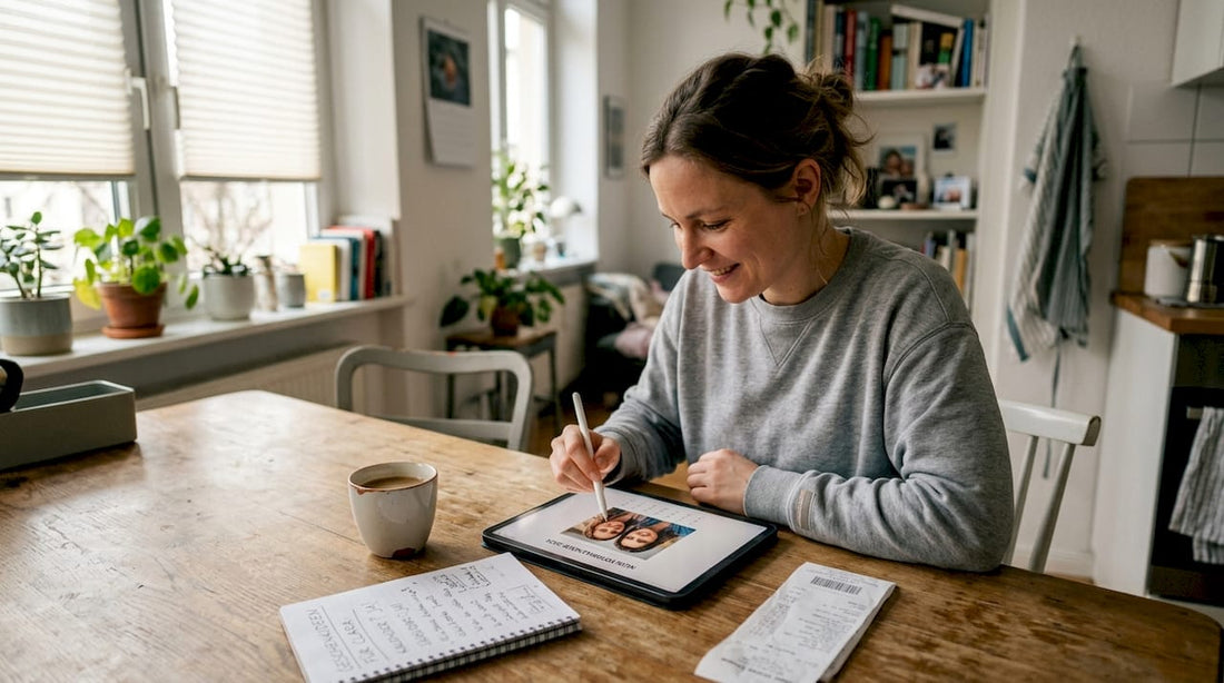 Eine Frau sitzt am Küchentisch und gestaltet ihren Fotokalender ganz nach ihren Vorstellungen.