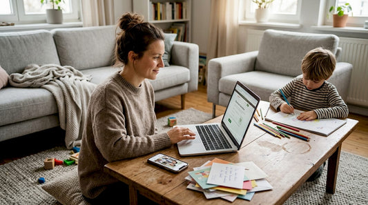 Im Wohnzimmer verschickt die Mutter digitale Geschenke an ihre Liebsten.