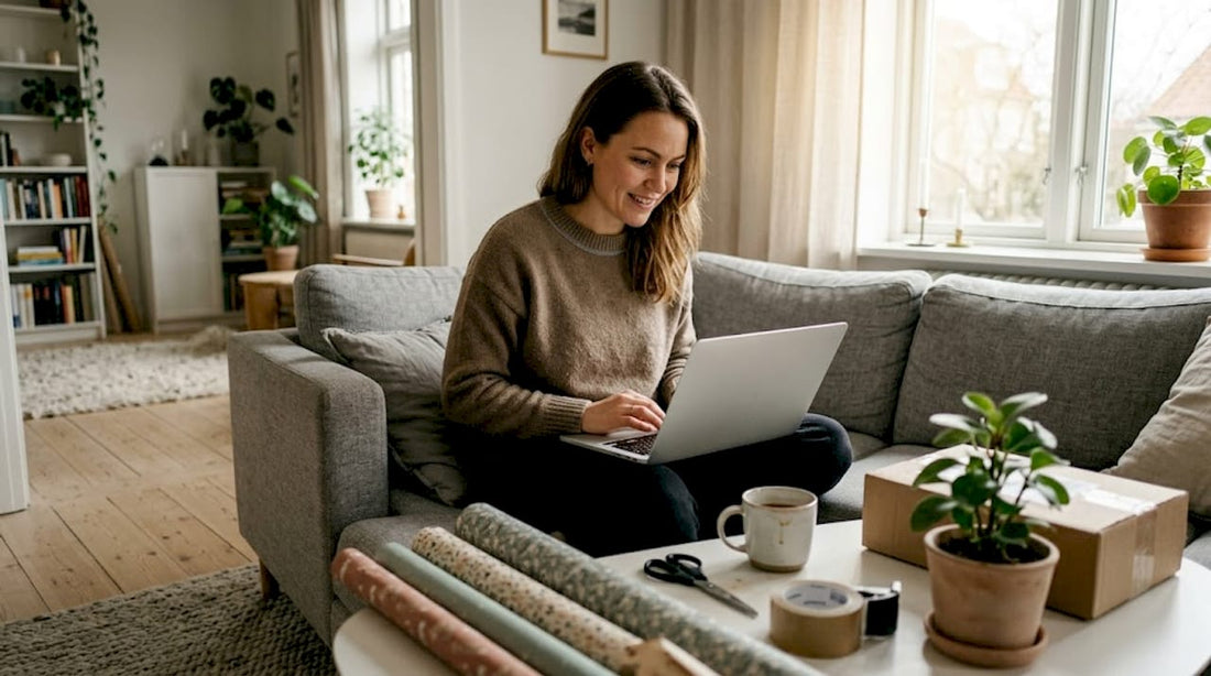 Eine Frau stöbert gemütlich im Wohnzimmer nach Geschenkideen im Internet.