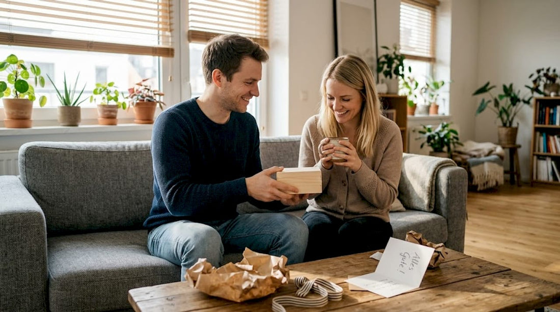 Im Wohnzimmer überraschen sich zwei Partner gegenseitig mit liebevoll ausgewählten Geschenken.