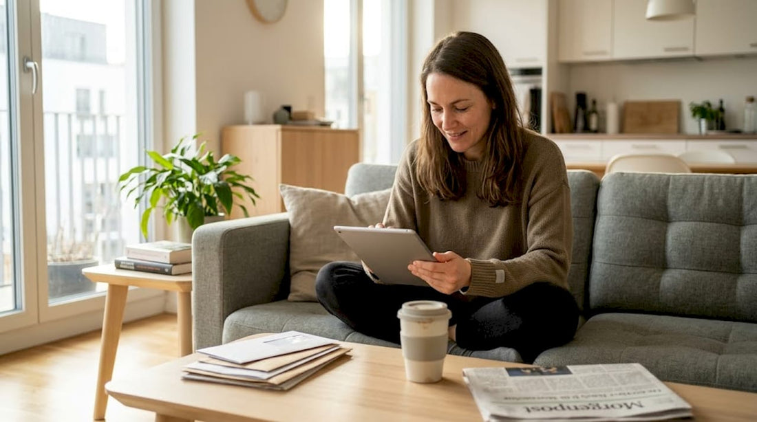 Eine Frau sitzt entspannt auf dem Sofa und stöbert nach einem digitalen Geschenk.