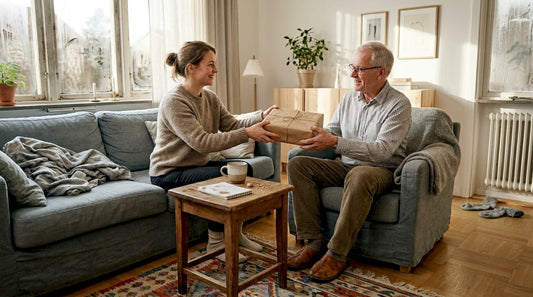 Eine Frau überreicht im Wohnzimmer ein Geschenk.