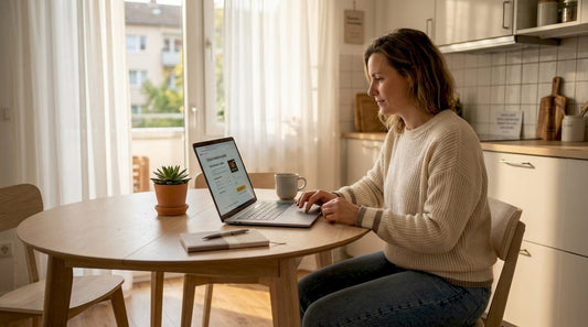 Eine Frau sitzt am Küchentisch und verschickt einen digitalen Gutschein.