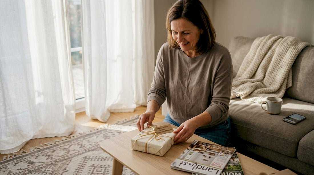 Eine Frau richtet ein Geschenk liebevoll im gemütlichen Wohnzimmer her.