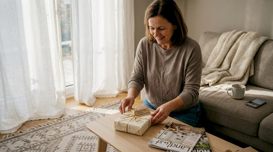 Eine Frau richtet ein Geschenk liebevoll im gemütlichen Wohnzimmer her.