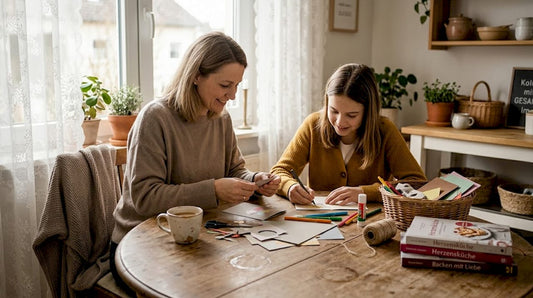 Eine Mutter bastelt gemeinsam mit ihrer Tochter liebevoll Grußkarten.