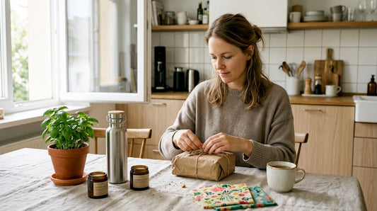 Eine Frau öffnet am Küchentisch ein nachhaltig verpacktes Geschenk.